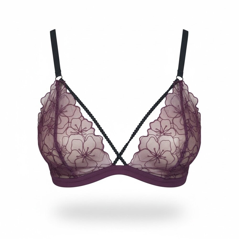 Topshop Floral Lace Mesh Bra Scalloped Sz‎ 8 Burgundy & Black #38M